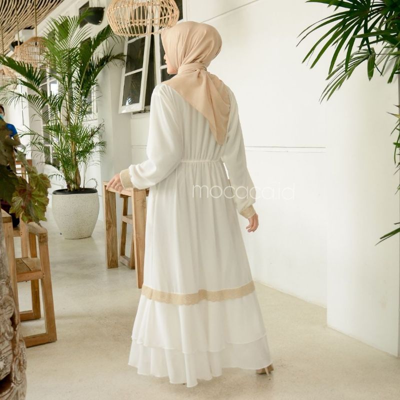 Gamis Muslimah Ceruti Renda Susun ready siap kirim Full Furing Premium Ld 110 Busui Bisa COD putih