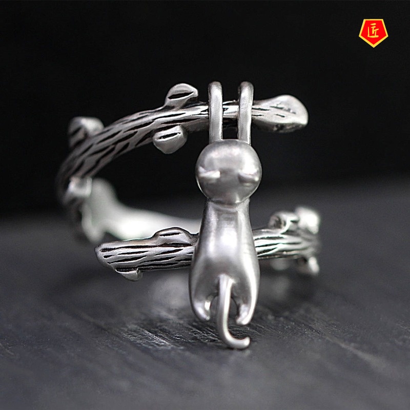 [Ready Stock]925 Silver Creative Kitten Twigs Ring Cute Personality