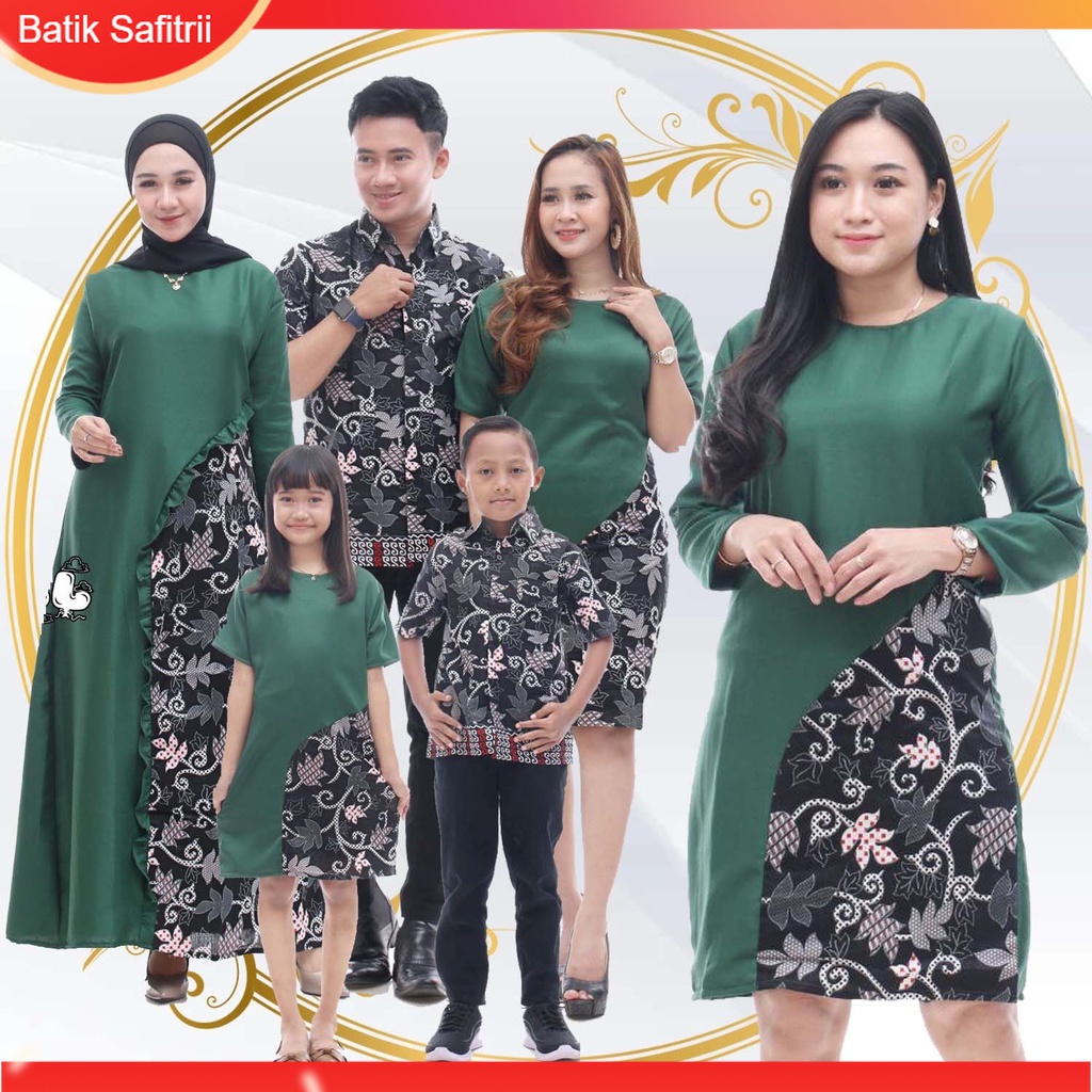 Couple Keluarga - Batik Keluarga Muslim Kombinasi - Ibu Bapak Anak - Motif Moscrep Hijau Botol - Dre