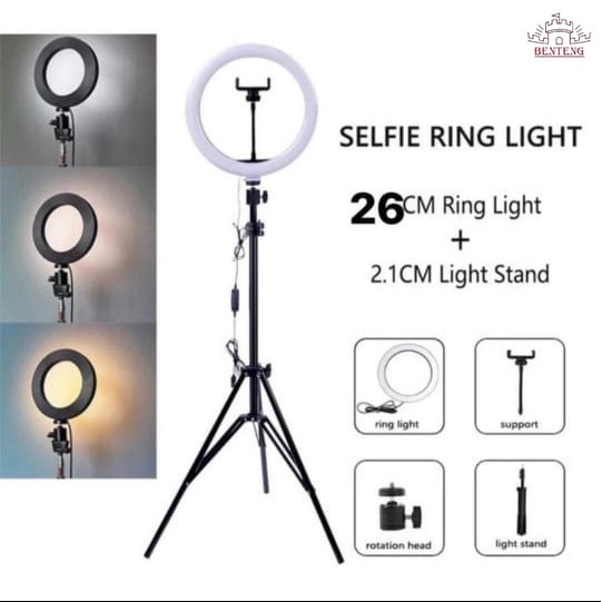 Paket 1 - 26CM Ring Light LED 26 with Grip Tripod 210 CM 2.1 M Lampu Vlog TikTok