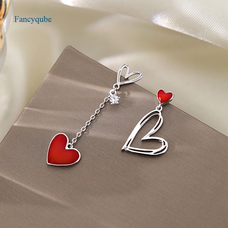 Fancyqube Anting Sterling Silver 925 Bentuk Hati Asimetris Warna Merah Untuk Wanita