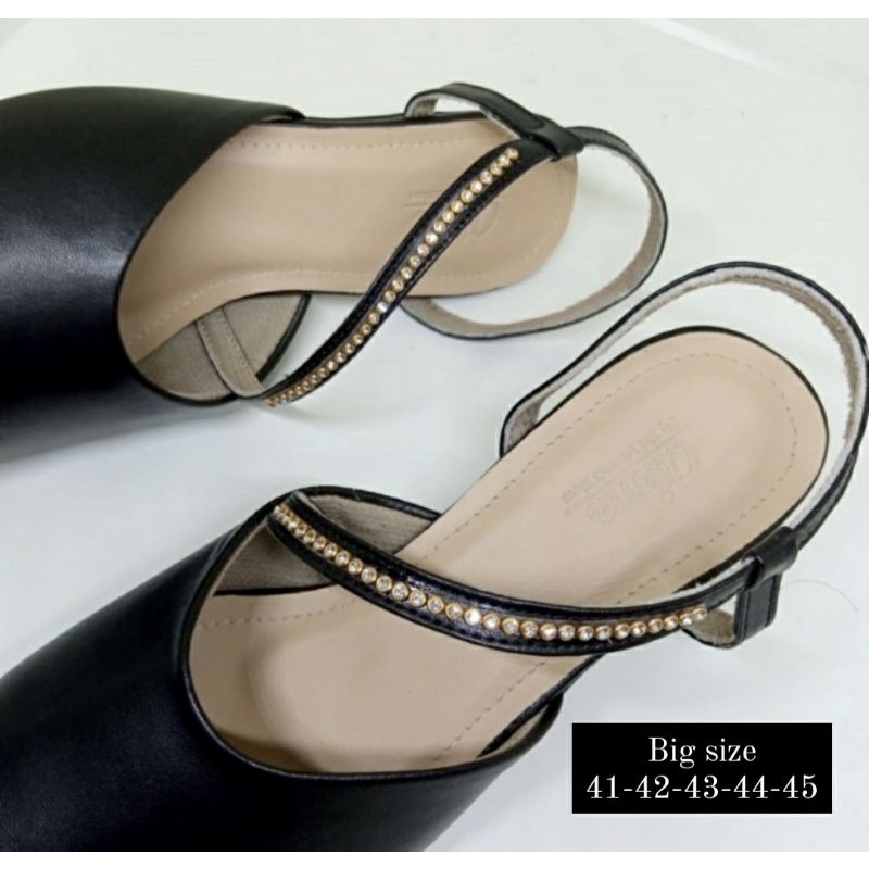 Original, Higheels Wanita Hitam Mutiara Big Size 41-42-43-44-45 Heels Pesta Cantik Feminim Kaki Gemuk JUMBO, 42