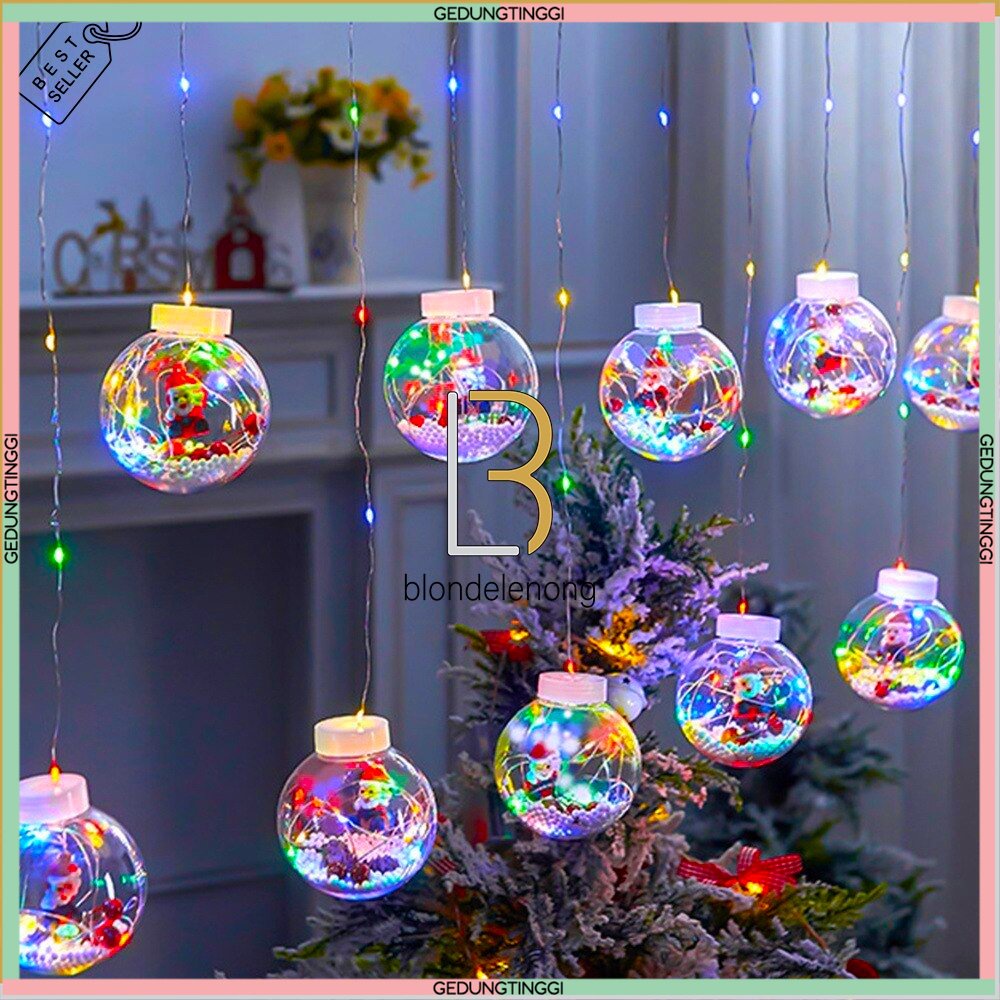 Lampu Tumblr Hias Led Tirai Gantung Dekorasi Santa Claus Snowmen Snowman Pohon Natal Christmas Tree Decoration Tirai Gantung Warna Warni Warm White Kuning Merah Biru Lamp Kabel Transparan Rumah Cafe Taman Kedap Kedip Kelap Kelip Outdoor AntiAir Waterproof