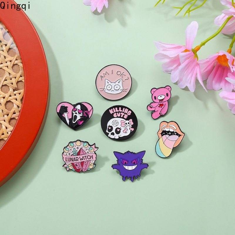 Bros Pin Enamel Desain Kartun Beruang Pink Tengkorak Bibir Warna-Warni Gaya Punk Untuk Pakaian