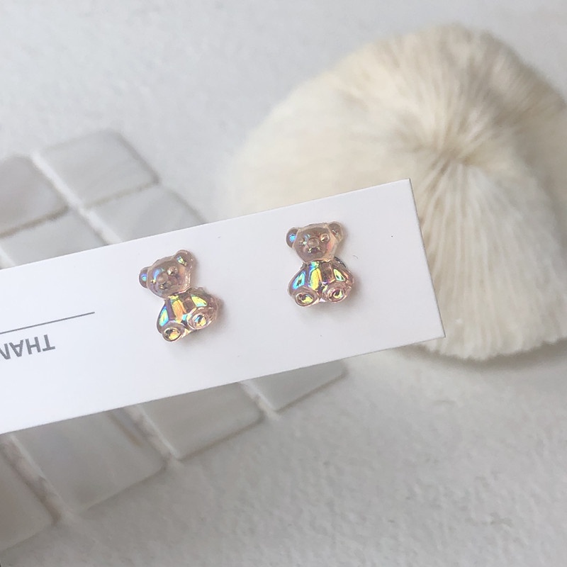 Anting stud S925 Bentuk Beruang Mini Warna-Warni Permen Biru Putih Pink Ungu Oranye