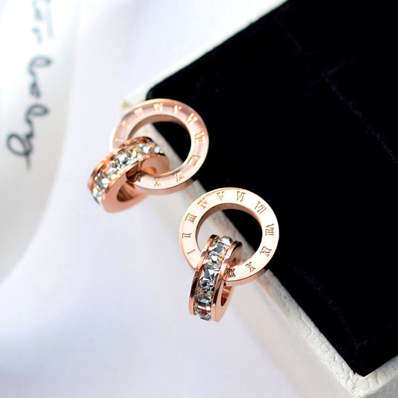 Anting Titanium Angka Romawi Zirkon Emas 18K Anti Karat Aksesoris Fahion Korea