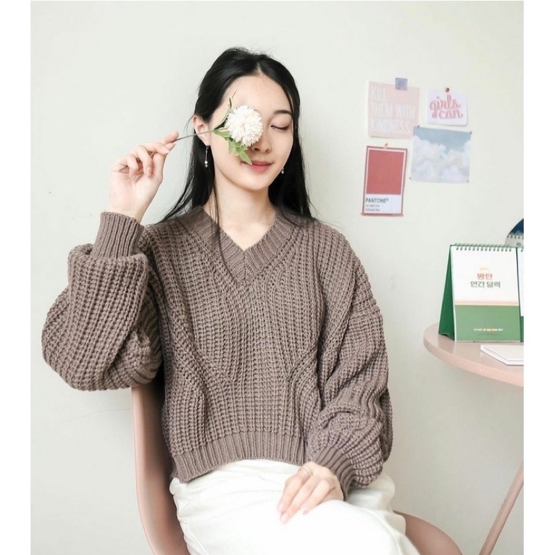 HANNA SWEATER CROP TOP SIDO BOLONG NARA KNIT / OVERSIZED SWEATER / RAJUT TEBAL LENGAN PANJANG