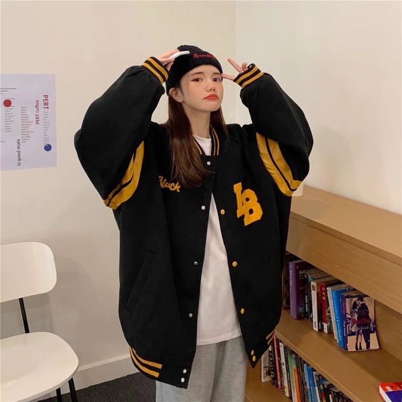 LB BLACK 93 VARSITY JACKET OVERSIZE PRIA WANITA SWEATER BASEBALL FASHION TERKINI CASUAL FASHION FLEECE TEBAL