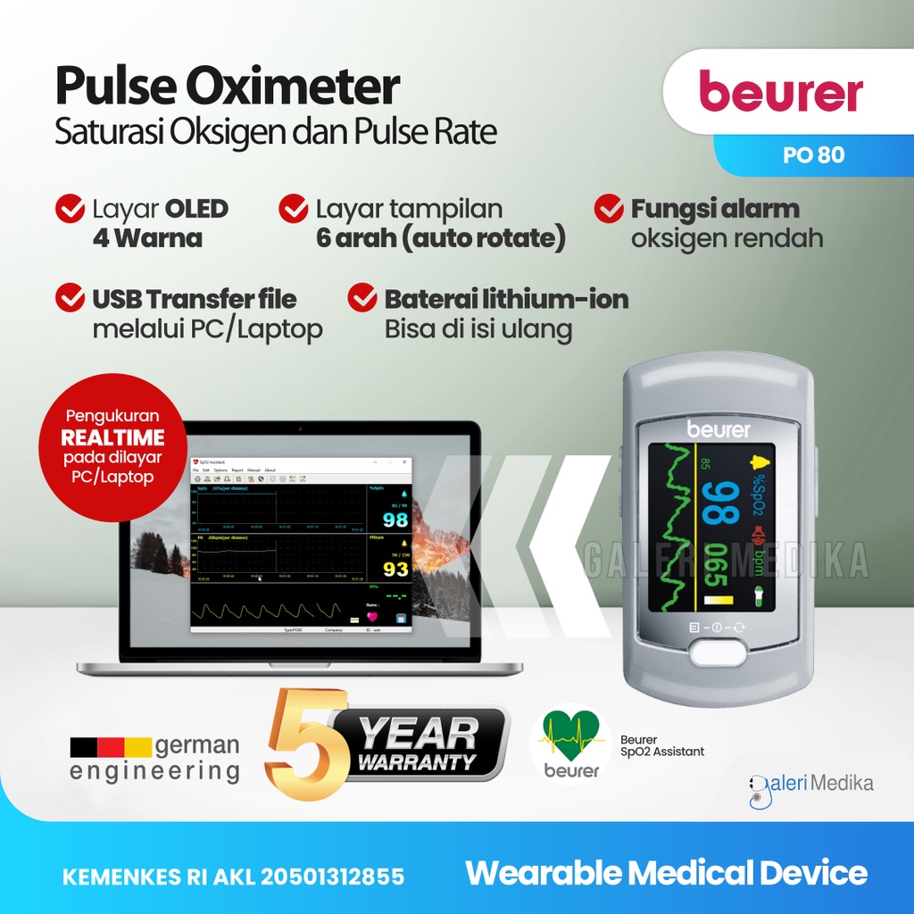 Beurer Pulse Oximeter PO-80 / PO 80 / PO80 Brand Jerman - Alat Ukur Kadar Oksigen Oksimeter