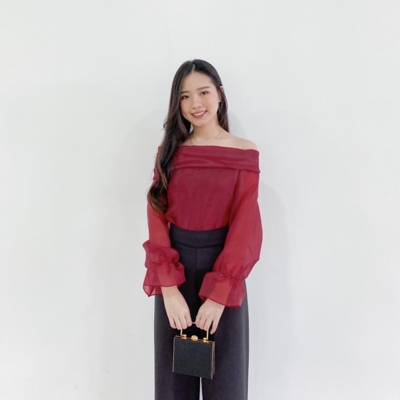 Avrei organza top korean sabrina longsleeve puffy blouse cny pesta party prom black top vintage kore