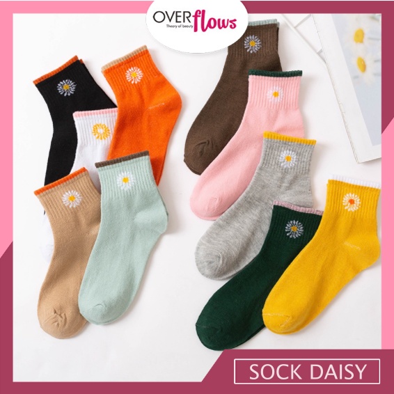 OVERFLOWS.ID Kaos Kaki Atas Mata Kaki Panjang Motif Bunga Daisy Sock Garis Atas Lucu