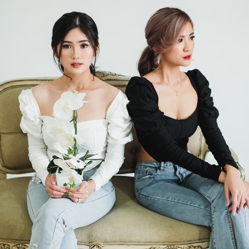 Itty Atelier - Mia Top | Black and White | Top Korean Vintage Long Sleeve Atasan Wanita Impor Casual