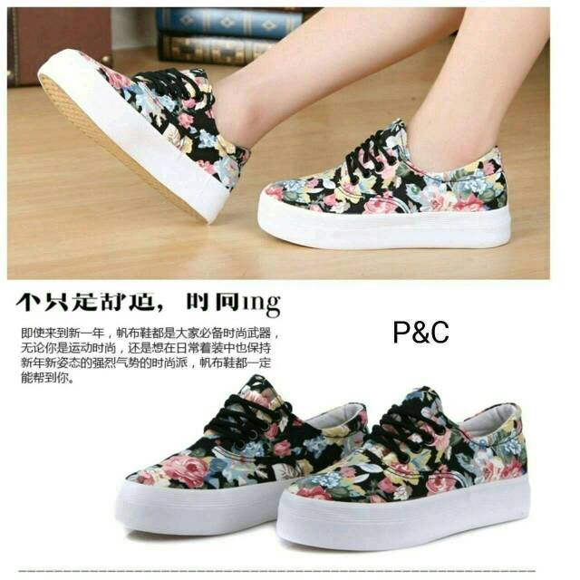 SEPATU SNEAKERS WEDGES WANITA MOTIF BUNGA LUCU DAN MURAH