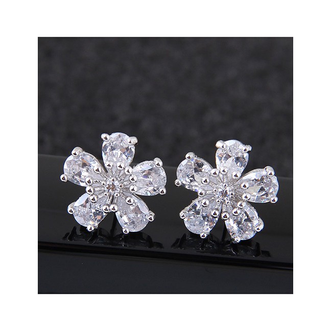 LRC Anting Tusuk Fashion Silver Zirconium Flower Alloy Earrings A61712