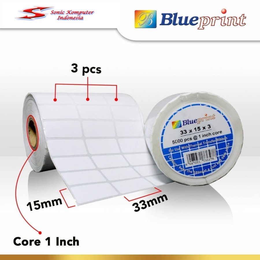 Sticker label Barcode 33x15mm 3 Line Semi Coated BLUEPRINT isi 5000Pcs Stiker Core 1&quot; Inch