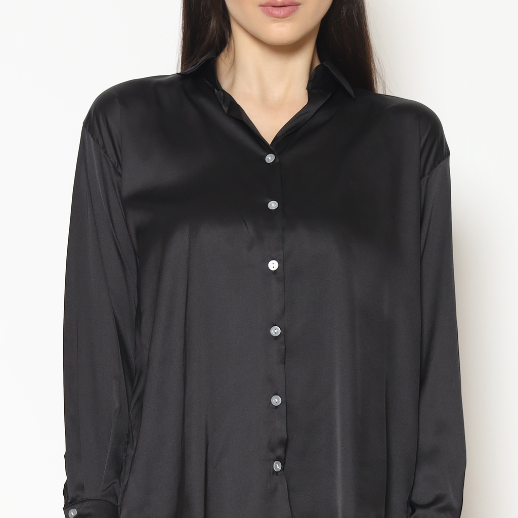 Blouse Atasan Wanita - Kemeja Blouse Wanita Silk Plain V-Neck Lengan Panjang