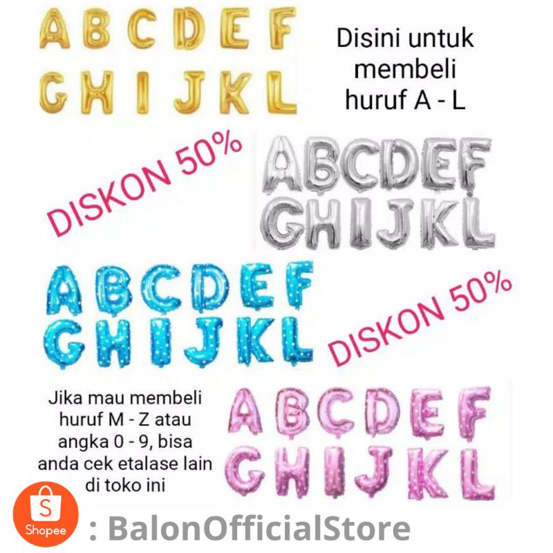 GOLD huruf nya DOFF Balon foil huruf A - L ukuran ± 40 cm warna angka nya GLOSSY / SILVER / BIRU / PINK abjad alfabet alphabet nama