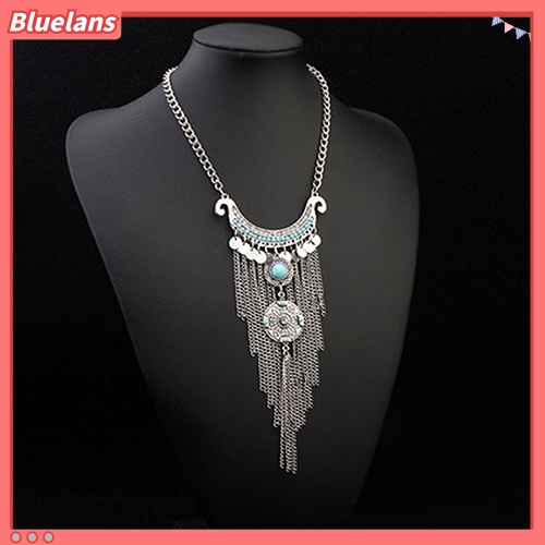 Bluelans Women Bohemian Turquoise Long Tassels Pendant Necklace Alloy Choker Chain