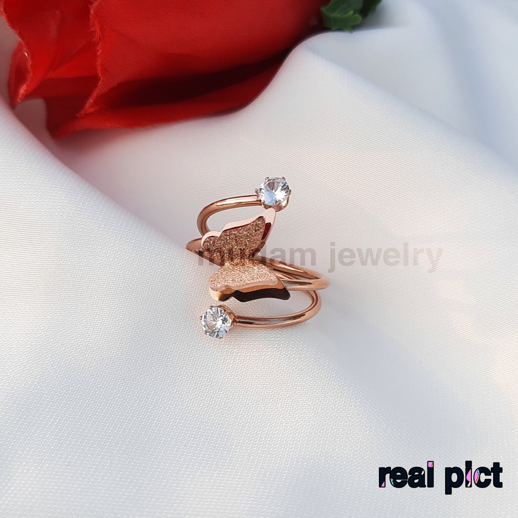 Cincin Titanium Kupu-Kupu Dua Diamonds Tersedia Warna Rosegold, Gold dan Silver