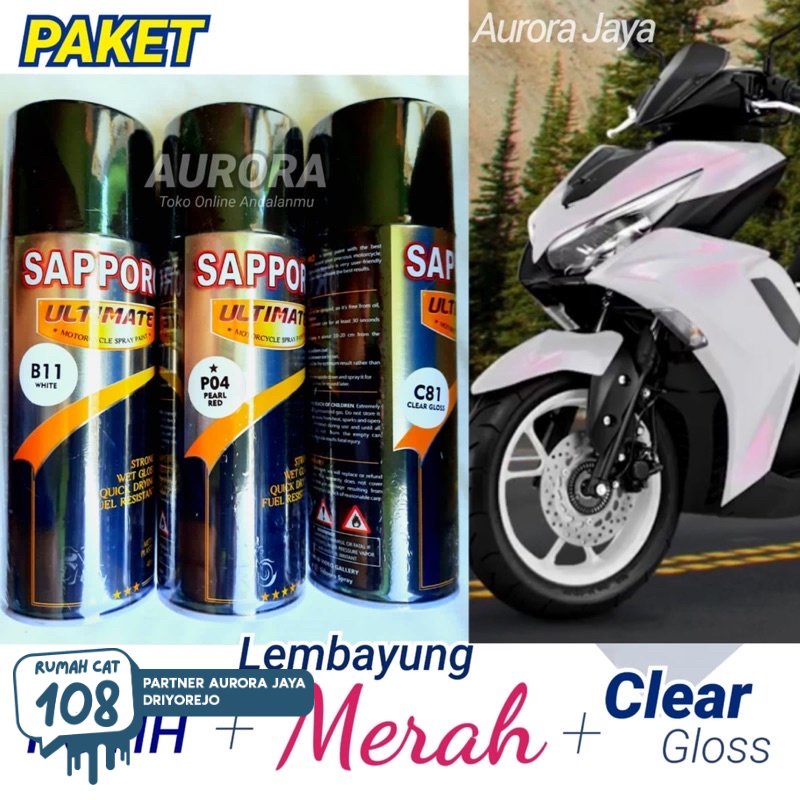 

Paket Sapporo Ultimate Pearl Red P04 + White B11 + Clear C81 / Cat Lembayung Merah Putih Vernis Gloss Pilok Pilox Pylox Mengkilap Mutiara