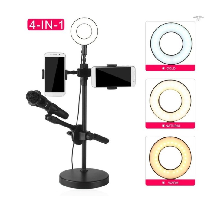 Selfie Halo Ring Light 4 in 1 With Stand Mic and 2x Smartphone Holder