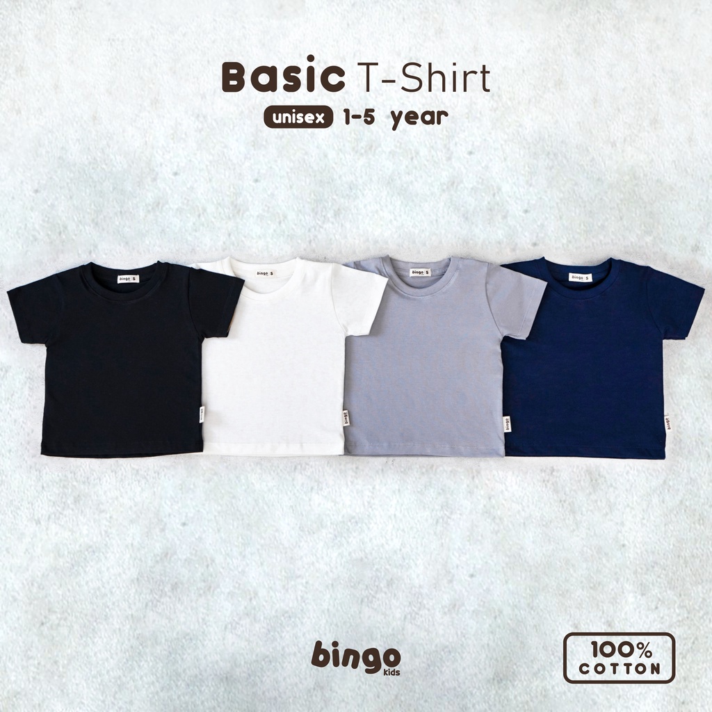 BINGOKIDS | BASIC T-SHIRT / Kaos Polos Anak Balita / Kaos Oblong T Shirt 1-5 Tahun Anak Laki Perempuan Unisex Katun Premium Monochrome Hitam Navy Abu Putih Black Dongker White