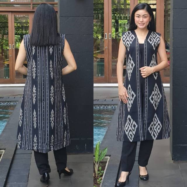 Baju wanita tanpa lengan Black Outer Tenun Long Vest motif Sumba Toraja NTT Lombok Asmat XL XXL