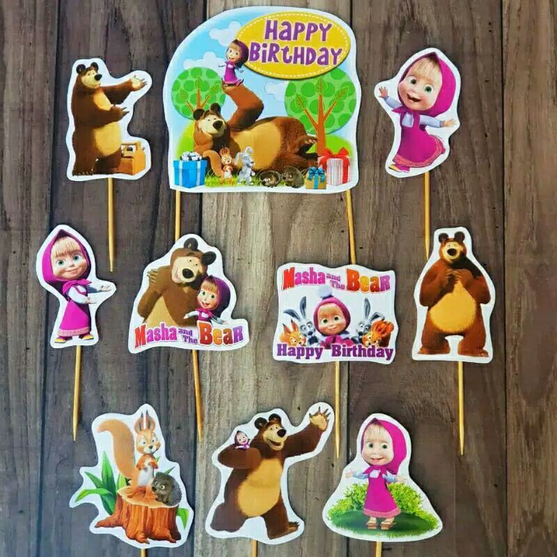 satu set topper toper cake hiasan kue ulang tahun karakter masha and the bear