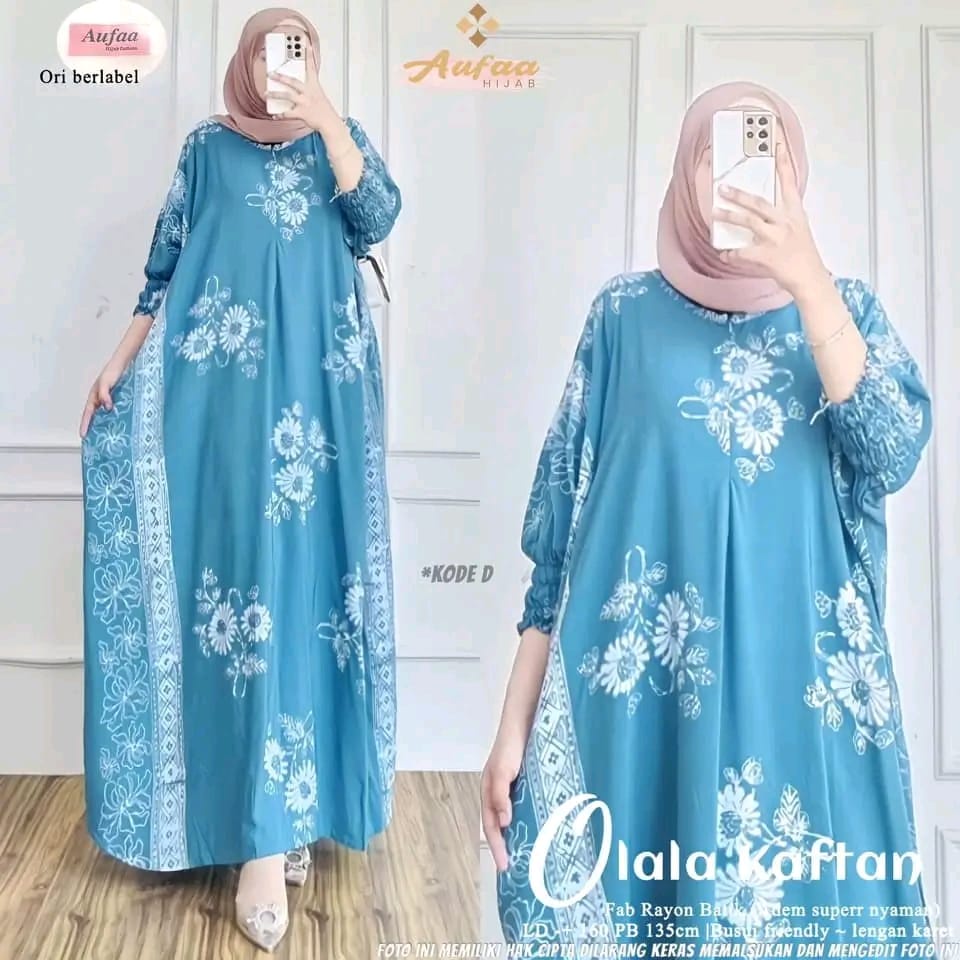 Olala Kaftan Wanita Jumbo XXXXL Motif Batik Cap Encim / Green Pine Kaftan Soft Color Sage Series Busui Lengan 7/8 Cotton Rayon