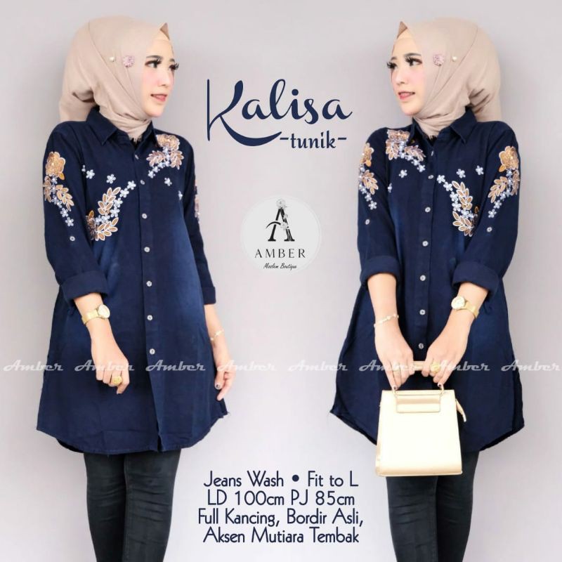 kalisa tunik fahion wanita jeans terbaru terlaris bordir bunga