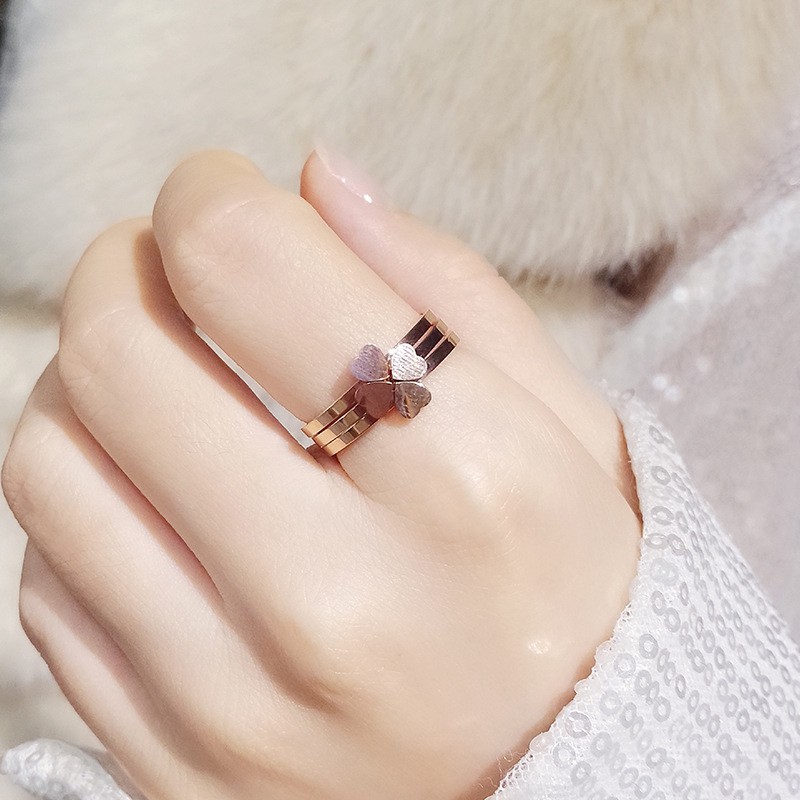 Cincin susun tiga love lucky clover titanium anti karat harga grosir bisa cod