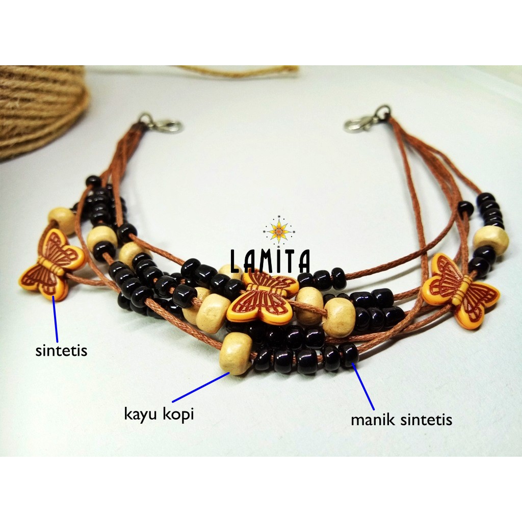 Penyambung Tali Masker Wanita Berjilbab/Hijab-Konektor Manik Kayu ornamen Kupu