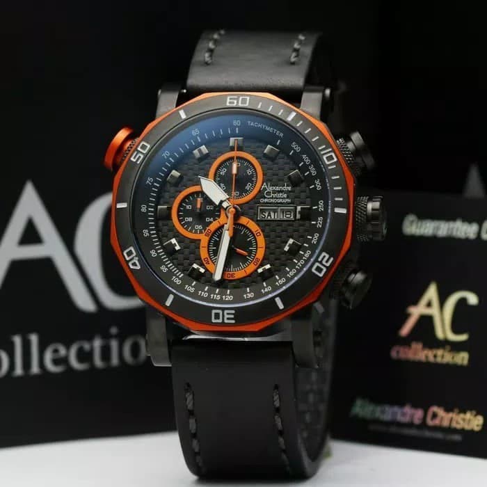 JUAL JAM TANGAN ASLI  ALEXANDRE CHRISTIE 6308 PRIA BLACK ORANGE LEATHER BROWN FRONT LIGHT  I