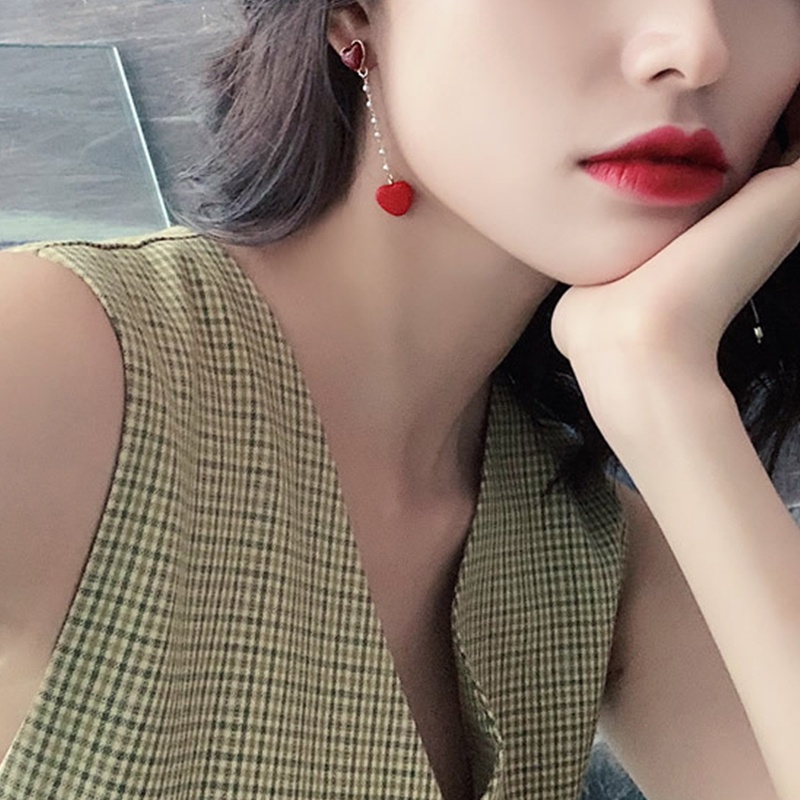 Korean Fashion Red Bow Pendant Paint Rhinestone Love Lady Stud Earrings Earrings Lucky Cute Jewelry Gift Best Accessories for Girlfriend