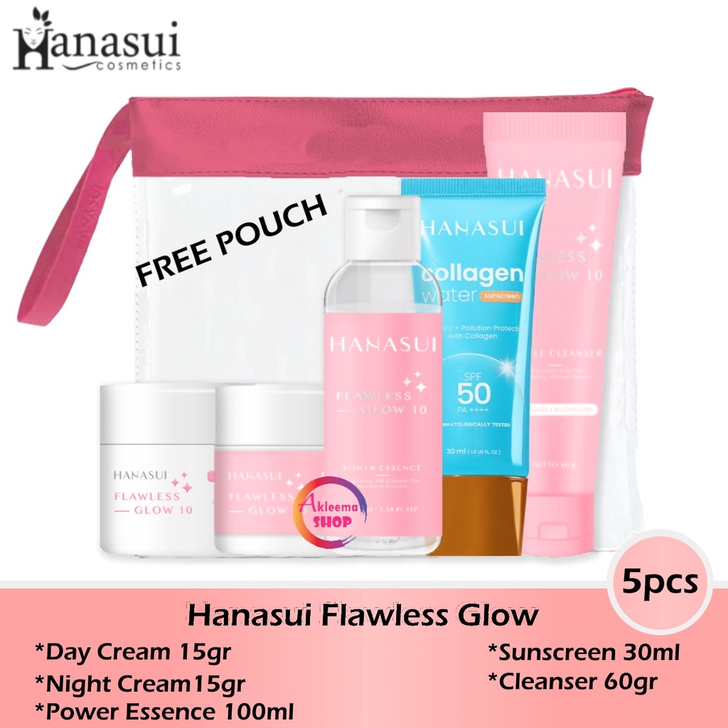 Paket Hanasui Flawless Glow Normal Skin 5pcs (day cream+night cream+essence+sun screen+Cleanser)