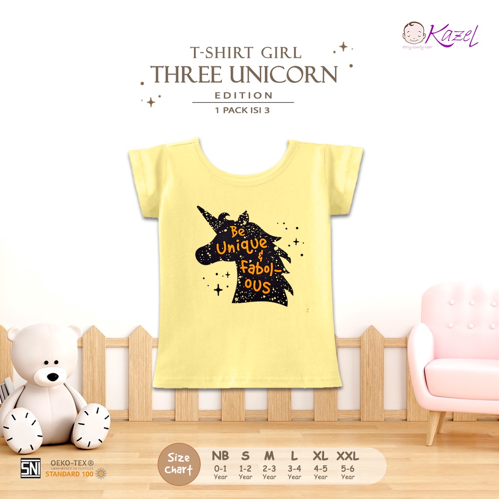 Kazel 3Pcs Tshirt Three Unicorn NB-XXL Tshirt Oblong Tipis Adem Nyaman Anak Perempuan CBKS