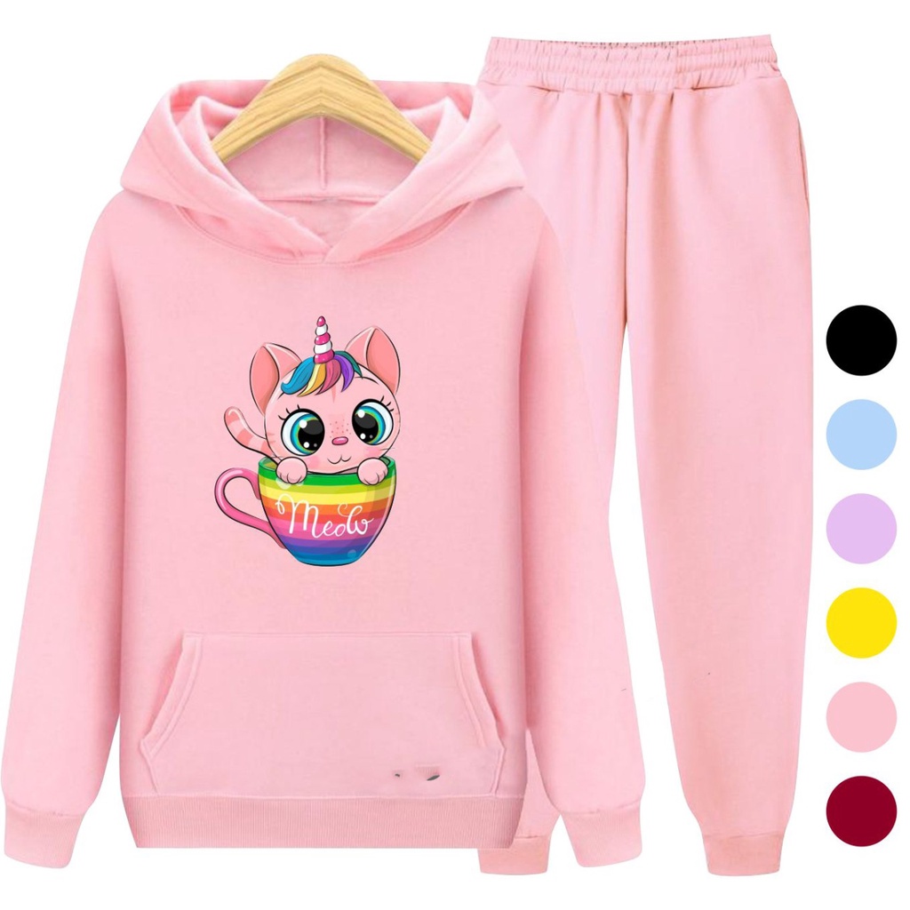 Setelan Anak Sweater Hoodie CAT MEOW / Set Anak Perempuan Baju Jaket Anak Cewek