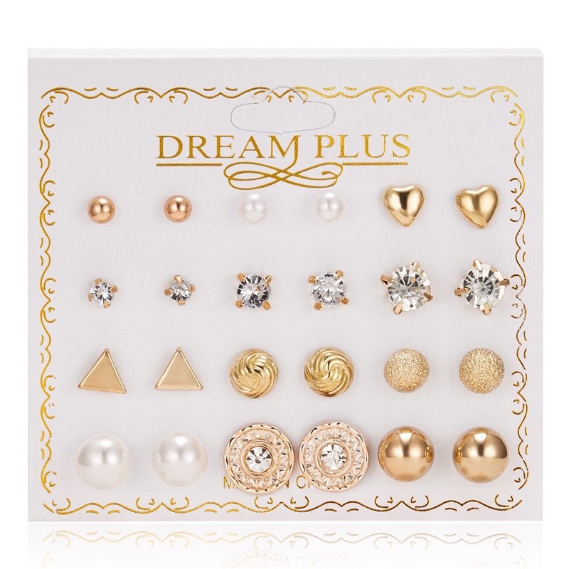⭐COD 12 Pasang Anting Set Tusuk Model Mutiara Intan Bentuk Bulat Gaya Korea Untuk Wanita Dalika