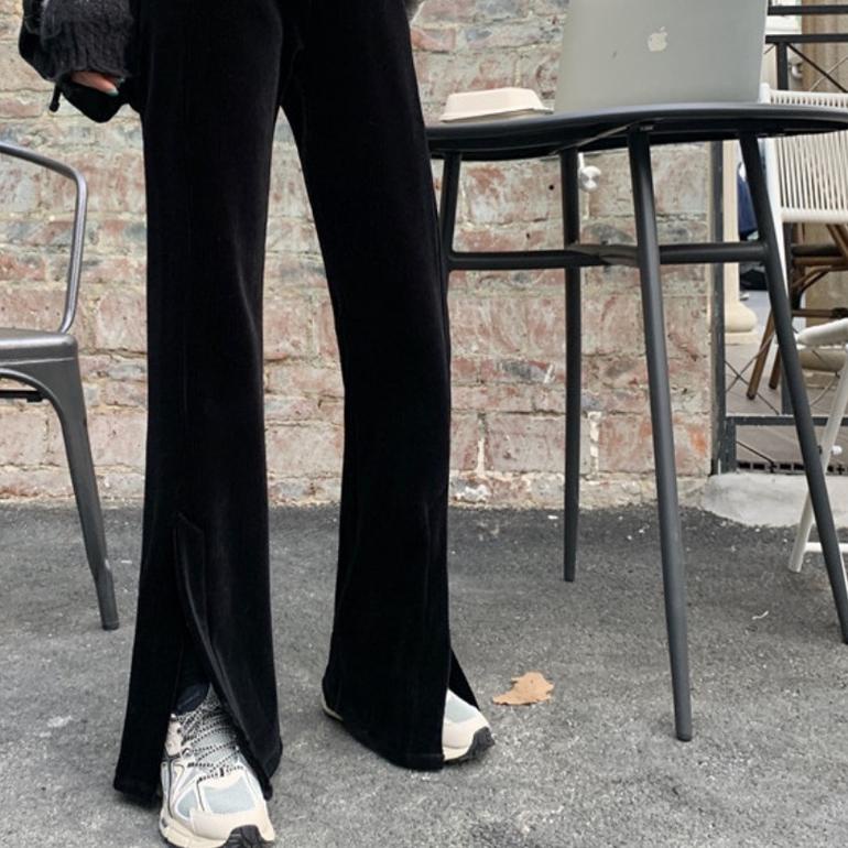 ♟ HanaFashion - Meredith Velvet Slit Pants Celana Panjang Bludru Velvet Wanita Murah- LP089 ☻