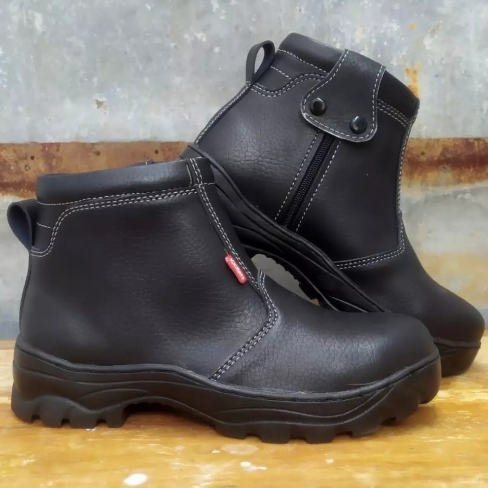 Sepatu Safety Boot Resleting King Skn Terlaris Hitam Ujung Besi Kerja Pabrik Proyek Dapur Pkl Kulit Sintesis Impor Sepatu Safety Resleting Hitam