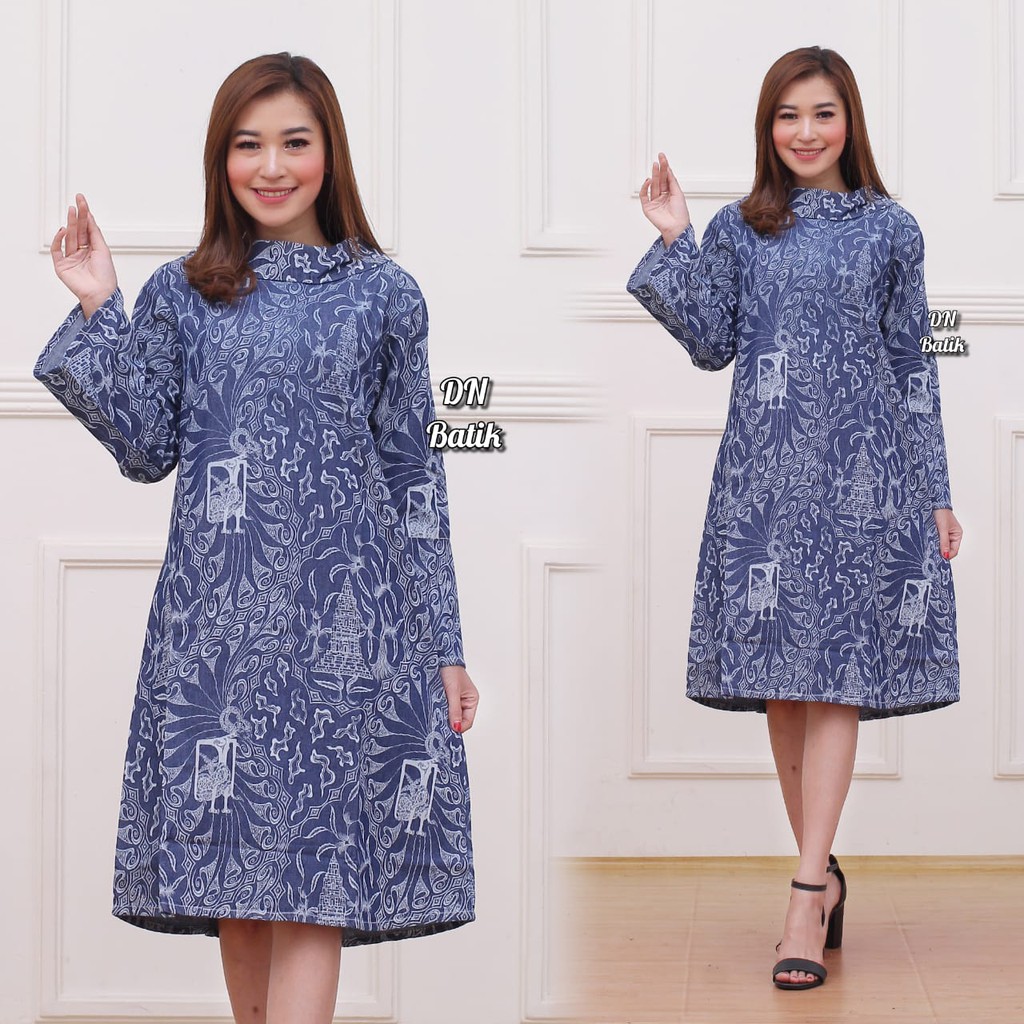 New Tunik Batik Jeans Wanita Bahan Denim Motif Candi Mewah Elegan - Ory DN Batik