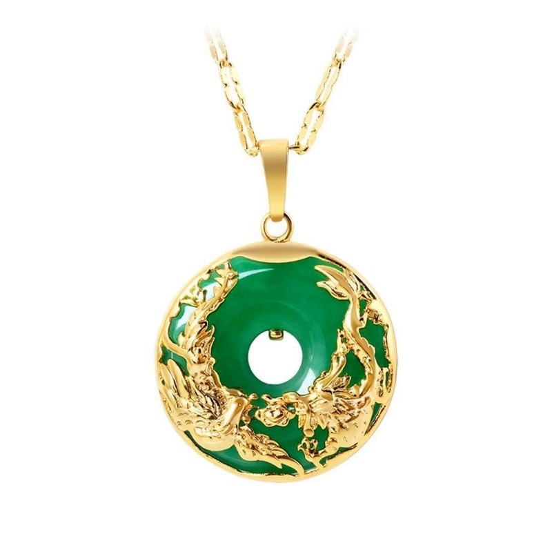 [Ready Stock]Fashion Gold-Plated Inlaid Emerald Pendant Dragon and Phoenix Necklace