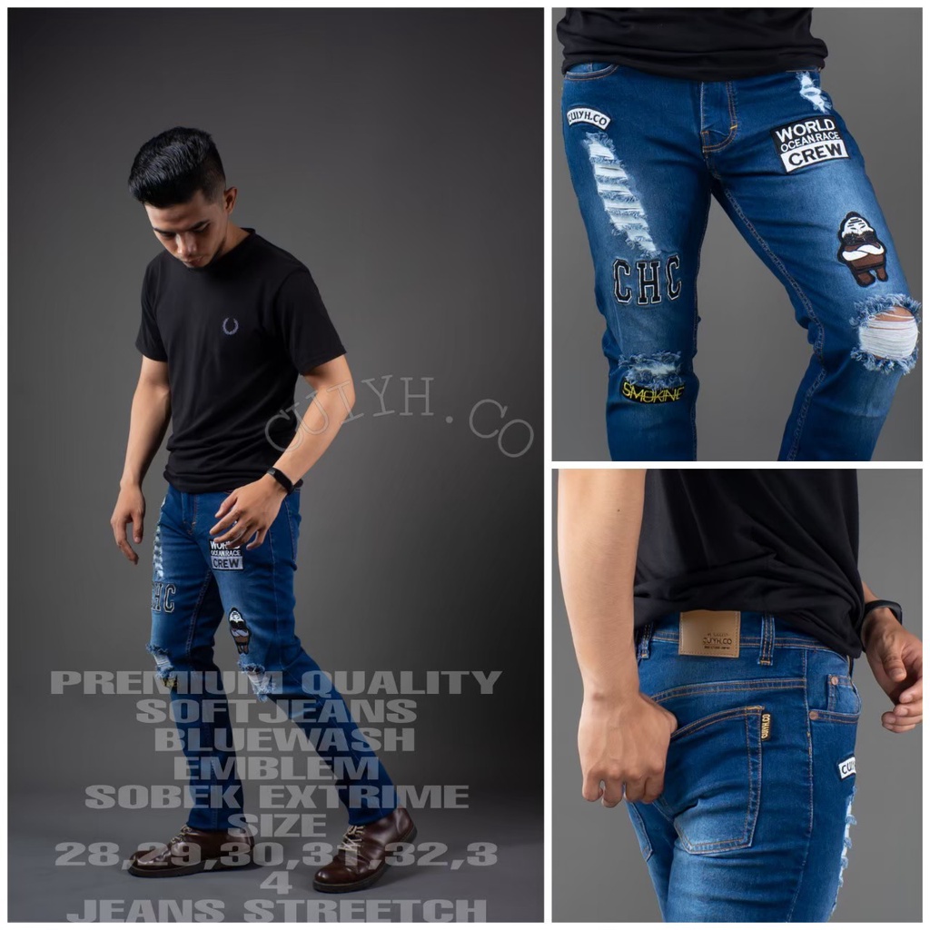 Celana pria sobek emblem-celana pria kekinian-celana sobek softjeans-hitam