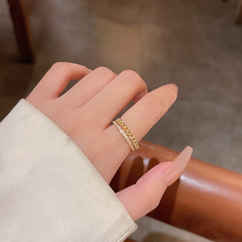 Cincin Berlian Mutiara Double layer Model Terbuka Adjustable Untuk Wanita