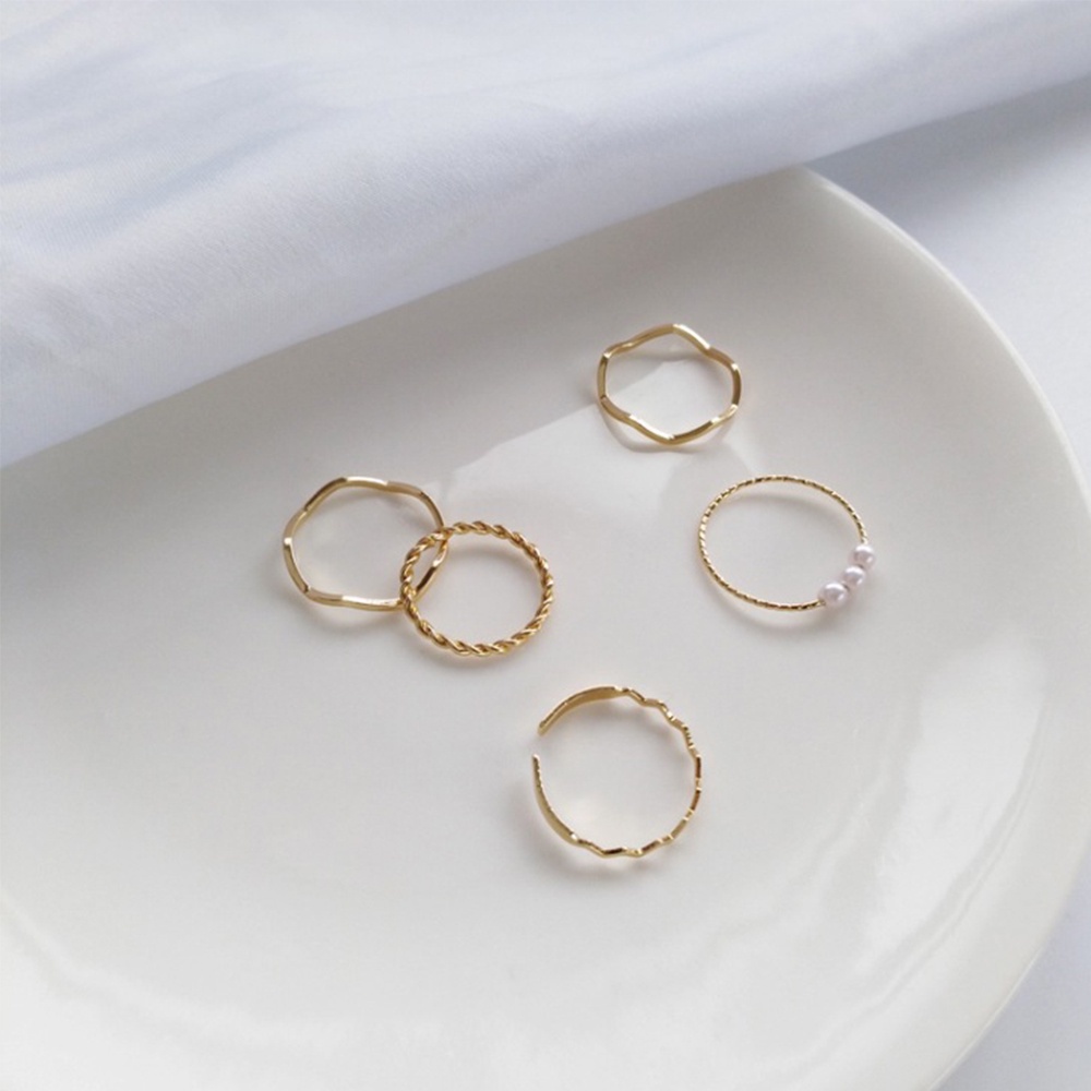 Needway  Parties Wedding Ring Gold Wavy Ring Rings Set Pearl Minimalist Round Personality Geometric Ladies Women Jewelry/Multicolor
