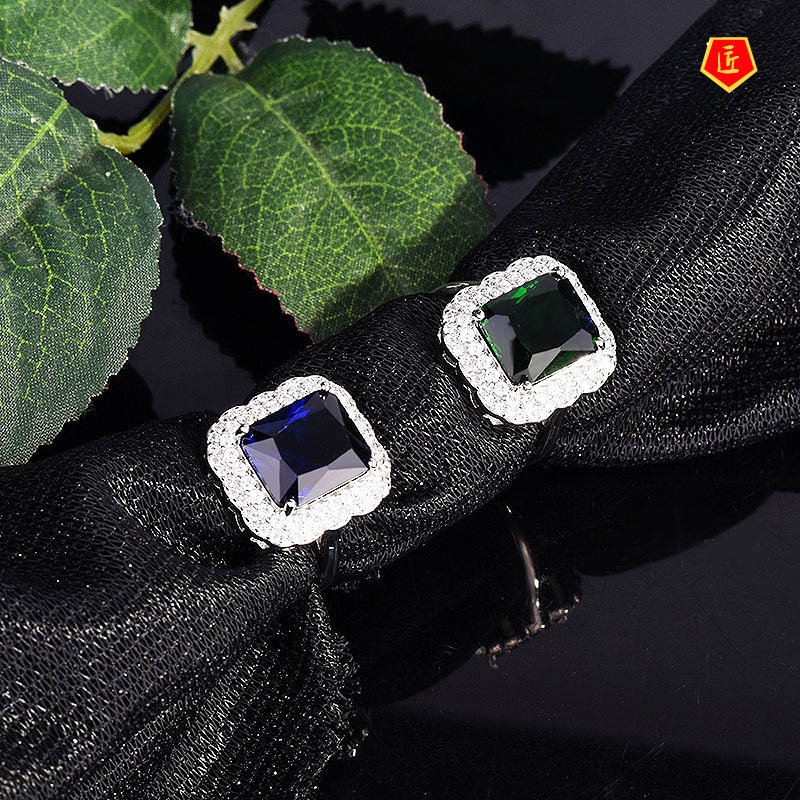 [Ready Stock]Luxury Elegant Inlaid Emerald Square Diamond Open Ring