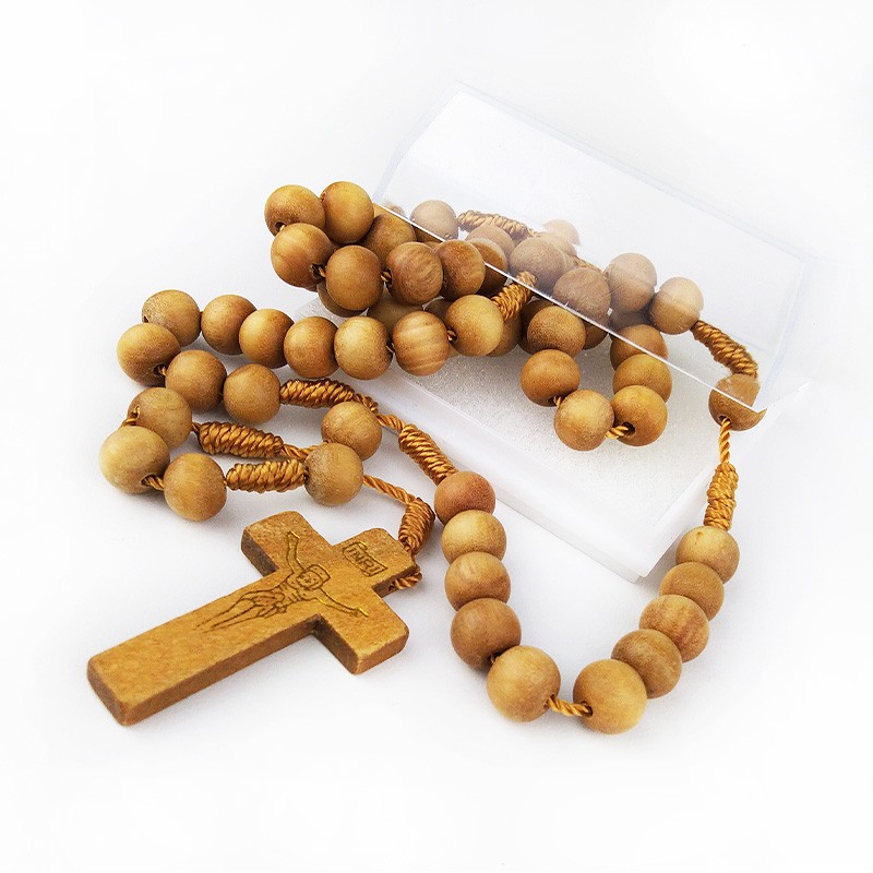 Kalung Rosario Maria Manik Beads Kayu Cendana Wangi Tali Ikat Salib Kayu Siluet Yesus Inri