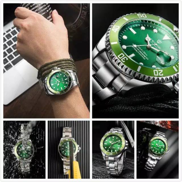 Jam Tangan Pria Mekanik Automatic Tevise Submariner Silver Green