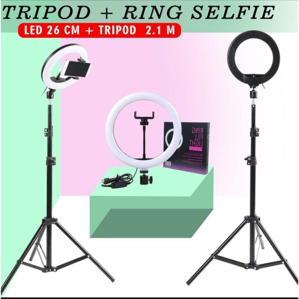 PAKET Ring Light 26cm + Tripod 2m - Lampu Makeup - Lampu Selfie - Lampu Vlog