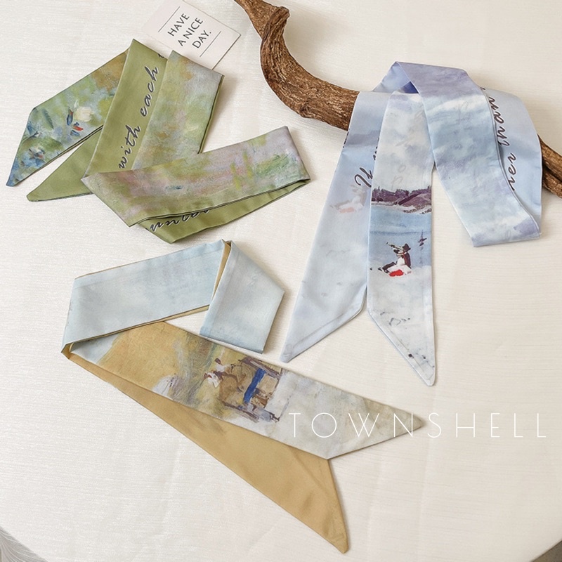AESTHETIC SCENERY KOREAN SILK SCARF / TWILLY BAG / SYAL KOREA SATIN ESTETIK / IKAT RAMBUT PITA sutera PANJANG / SELENDANG sutra-2